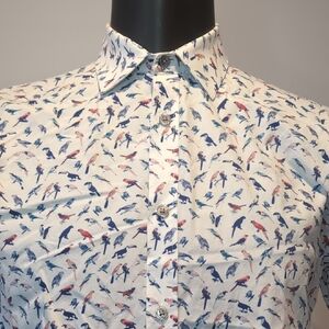 Martiniqu White Bird-Print Button-Down Shirt Slim Fit